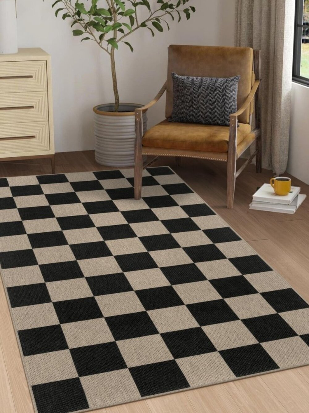 Easy Jute Checkered Area Rug, 3x5 Indoor Outdoor Entryway Rug Washable Black